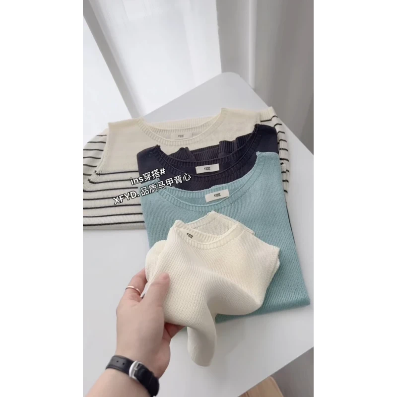 日系珍珠麻卷边圆领针织背心女款超洋气外穿宽松显瘦无袖上衣女夏