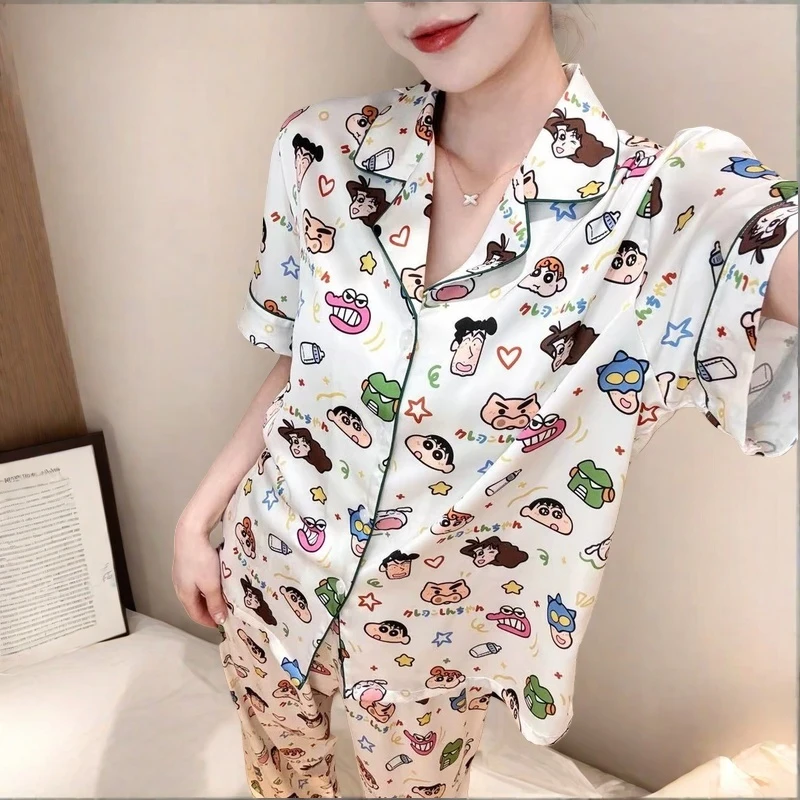 蜡笔小新睡衣夏冰丝女生短袖短裤夏季爆款薄款冰雪丝三件套家居服