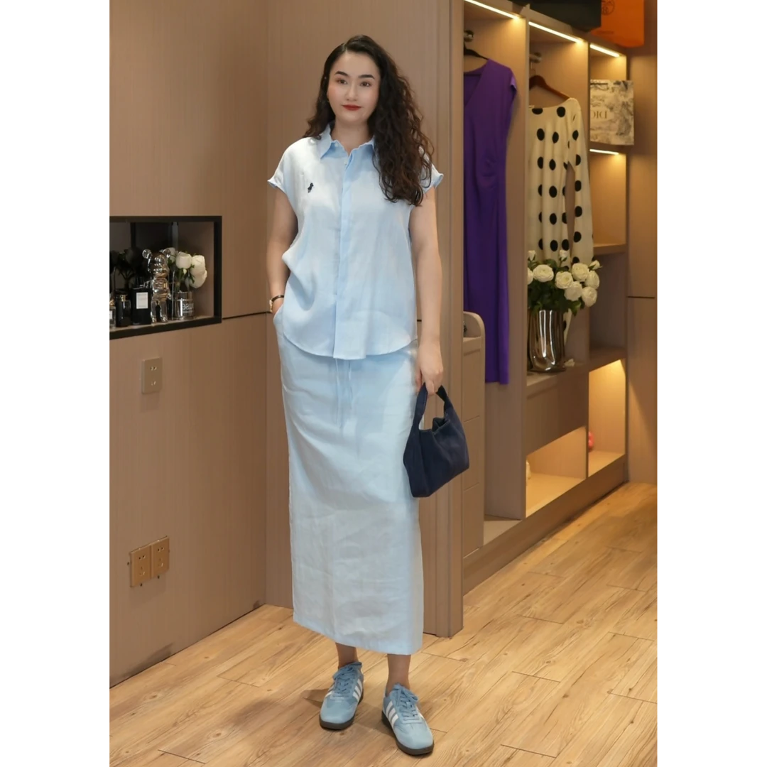 8086款夏季新款简约刺绣休闲衬衣+半身裙亚麻套装两件套