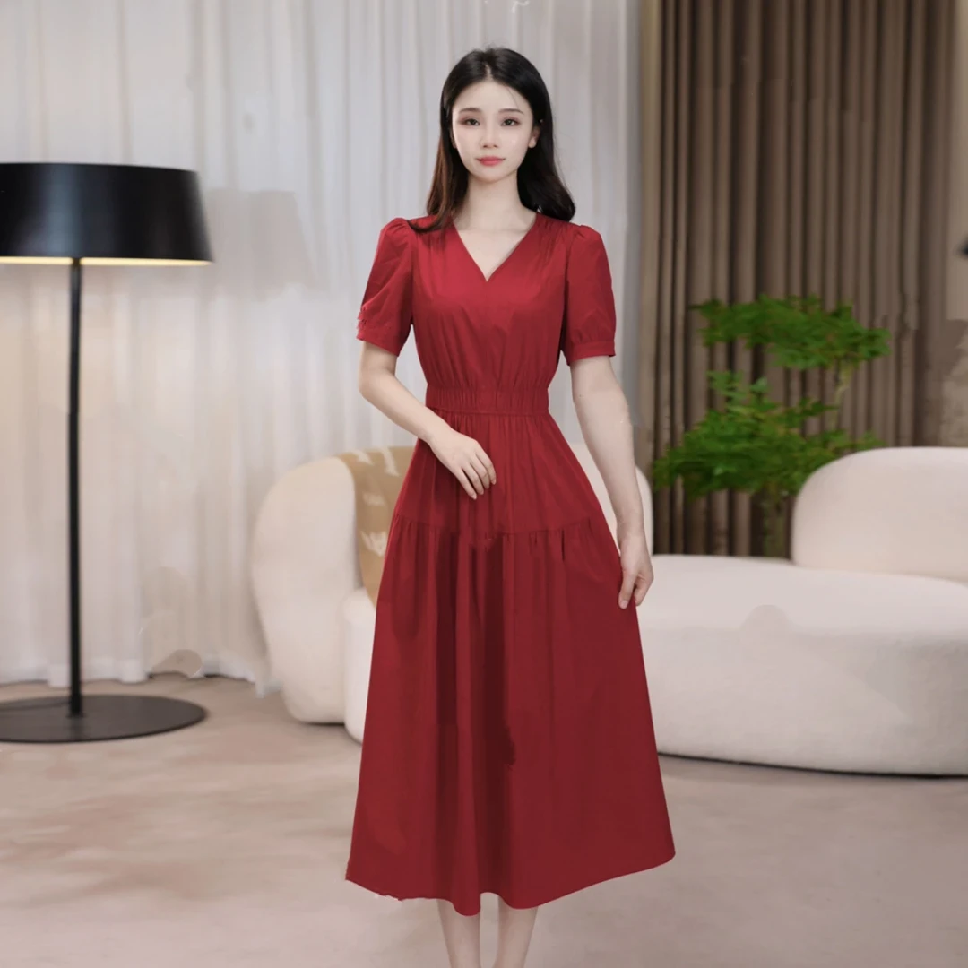 【连衣裙】2025夏季短袖V领法式洋气婚宴红色显瘦气质中长连衣裙