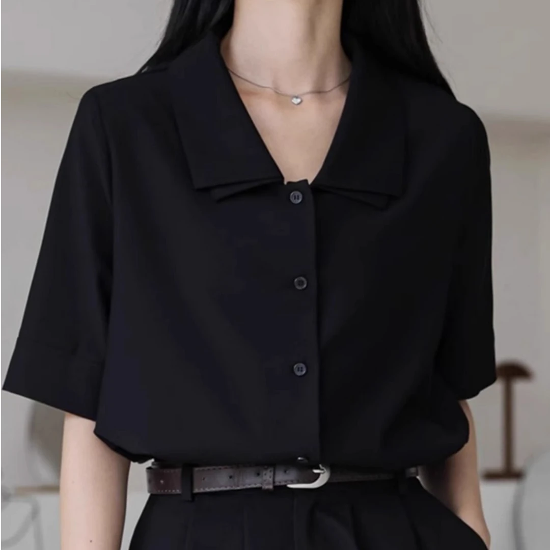 黑色短袖面试工作正肩翻领衬衫女夏通勤上衣正装职业气质薄款衬衣