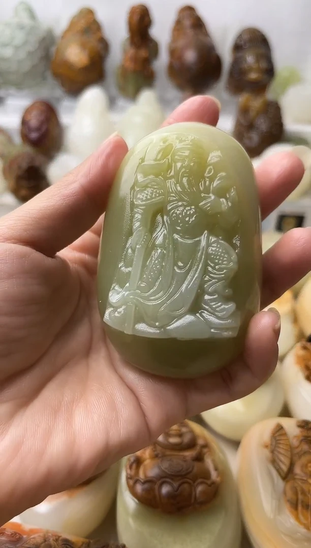石材方解石手把摆件不退换关公