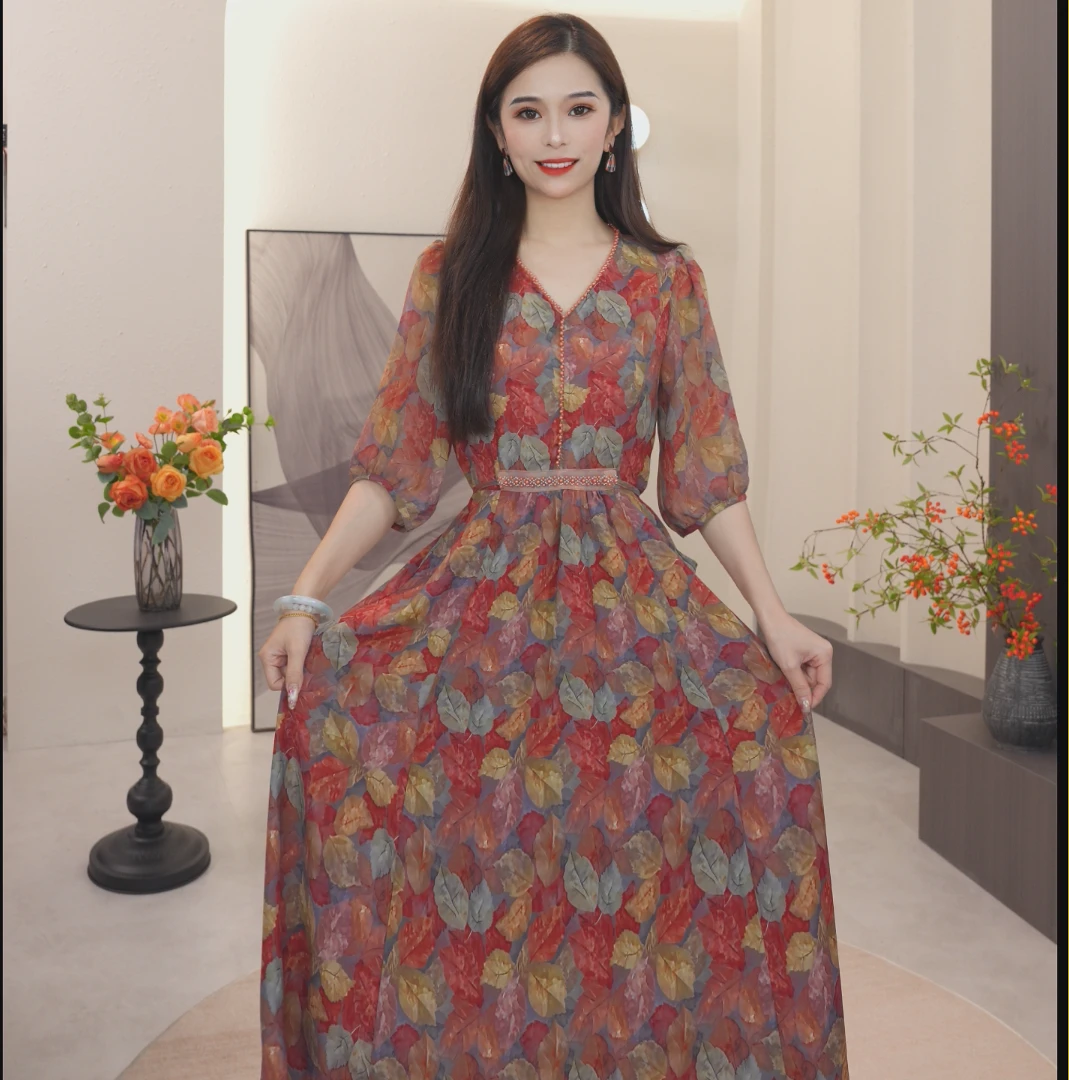 格澜芙莉2025年春夏女装新款气质优雅修身显瘦v领连衣裙