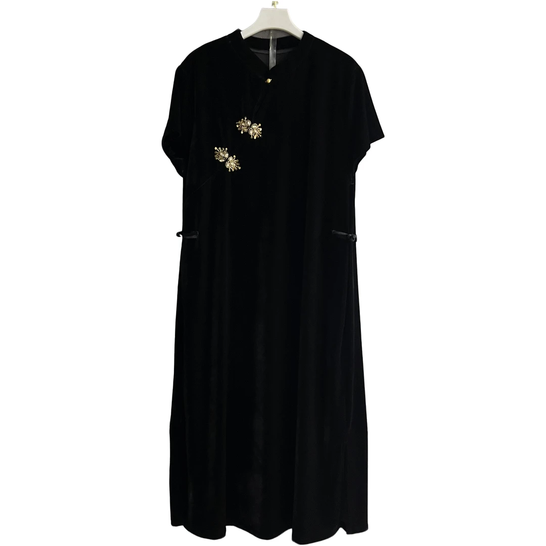 单排多扣拼接H型连衣裙裙子新中式大码女装