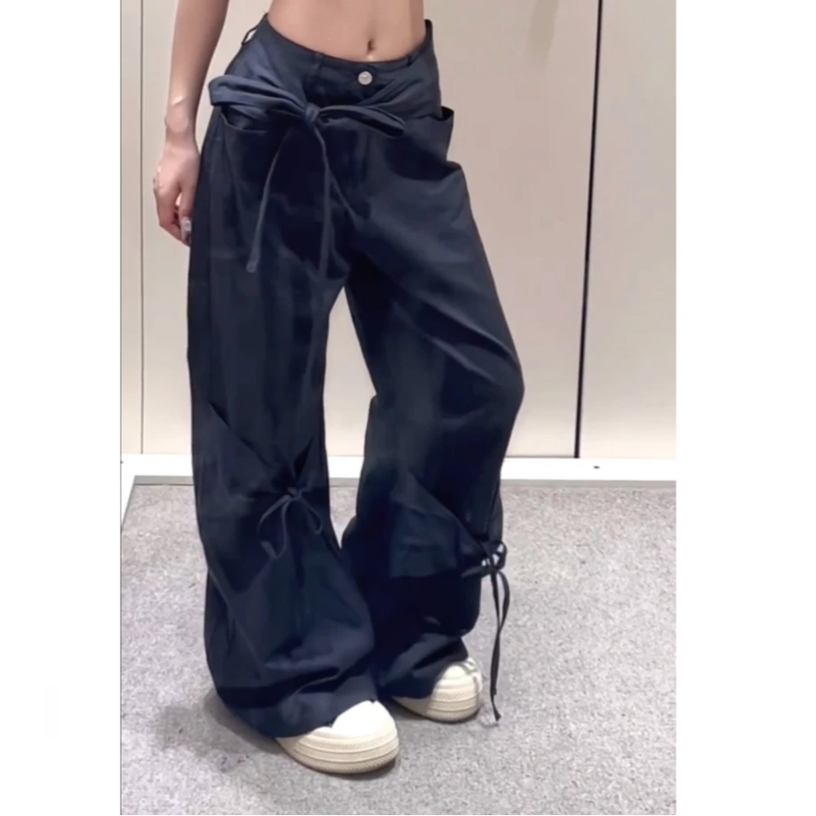 美式甜酷设计感工装裤女夏季新款蝴蝶结系带直筒裤垂感显瘦长裤子