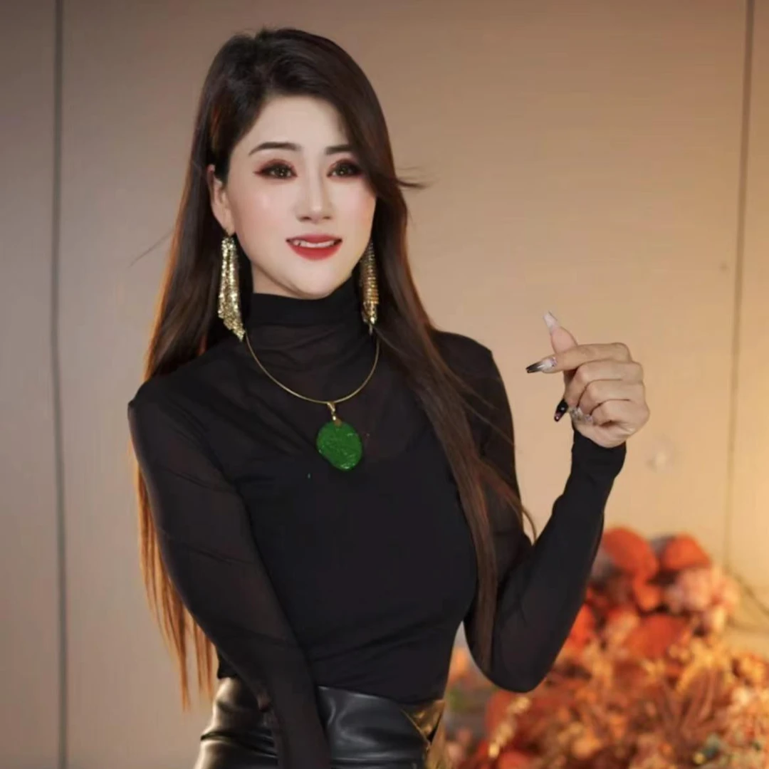 姐1027新网纱拼接长袖T恤女春秋新款气质修身显瘦内搭打底衫上衣