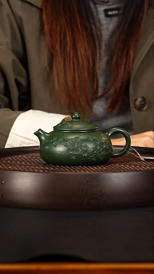 茶壶紫砂 宜兴紫砂壶民国绿泥梅花寒江240cc