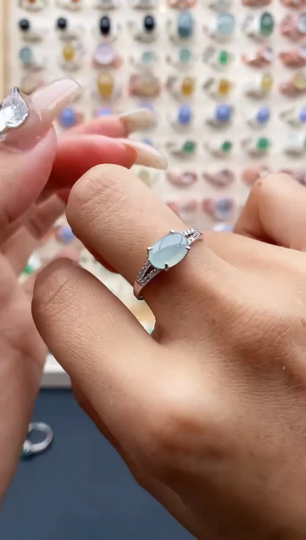 【闪购商品】翡翠戒指银S925镶嵌缅甸天然A货翡翠222  8+1