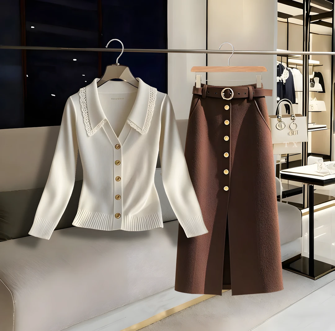 韩系简约通勤chic轻奢穿搭一整套纯色显瘦针织长袖高腰半身裙宽松