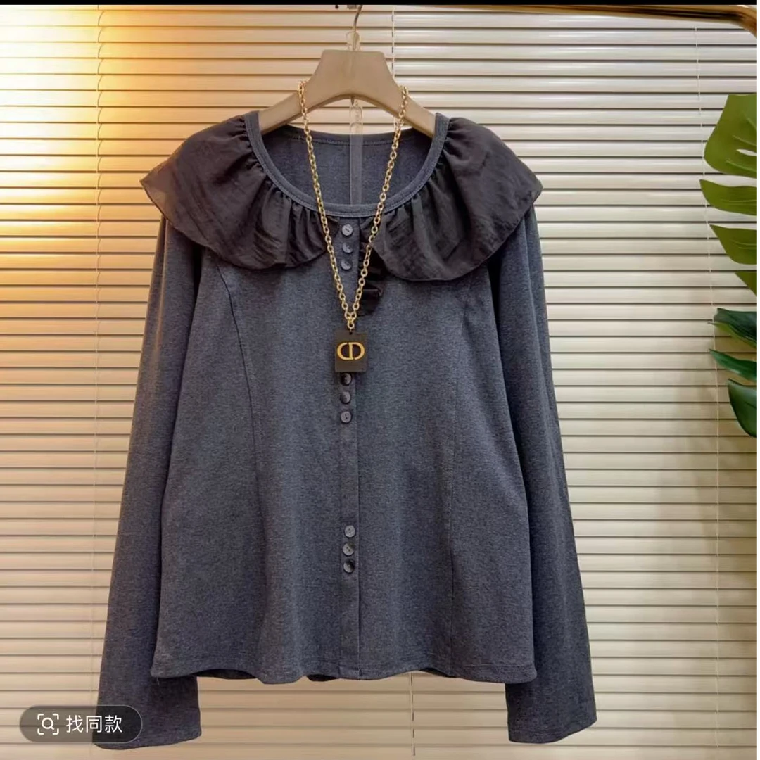 秋季新款欧洲站时尚洋气减龄百搭宽松荷叶领潮流减龄上衣