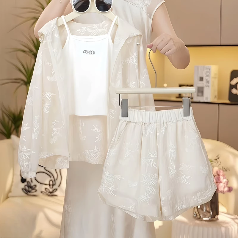 女童防晒外套短裤套装夏季2025新款提花连帽开衫度假遮阳两件套潮