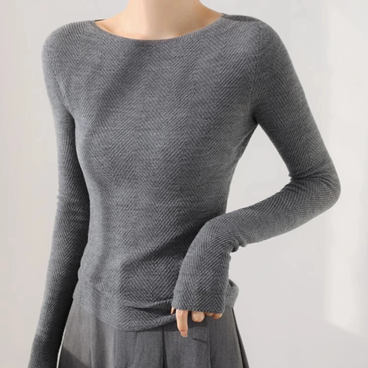 绘图轻奢【鱼骨纹】100%扬子纱羊毛修身打底衫秋款长袖简约时尚D020