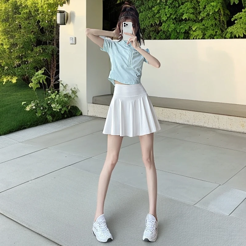 新款百褶白色运动套装速干羽毛球网球休闲瑜伽服短裙健身衣女学生