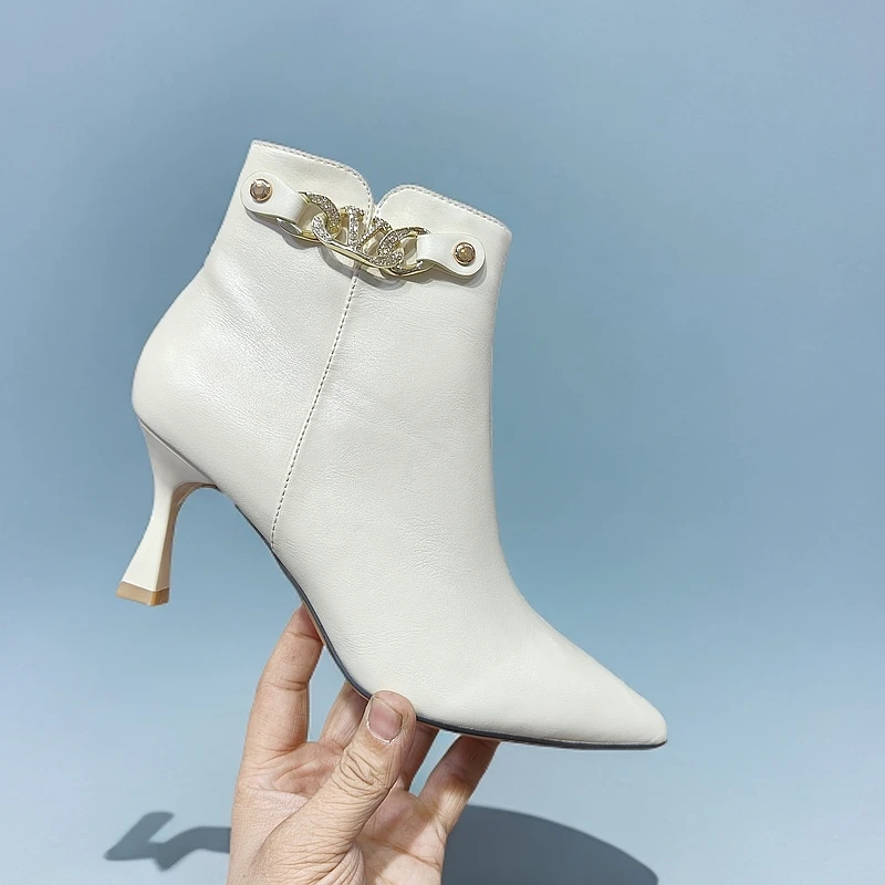 新款正版温州鞋短靴百搭尖头裸靴冬季高跟时尚白色细跟秋冬粗跟