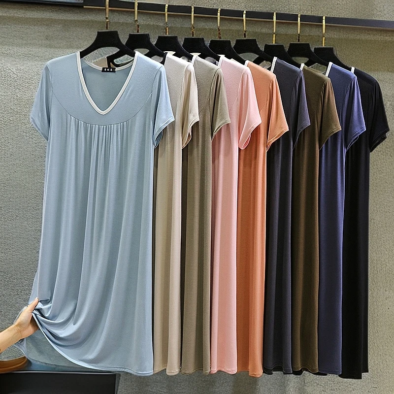 莫代尔睡裙女夏v领宽松大码短袖a字裙中长款过膝家居裙加肥百褶裙