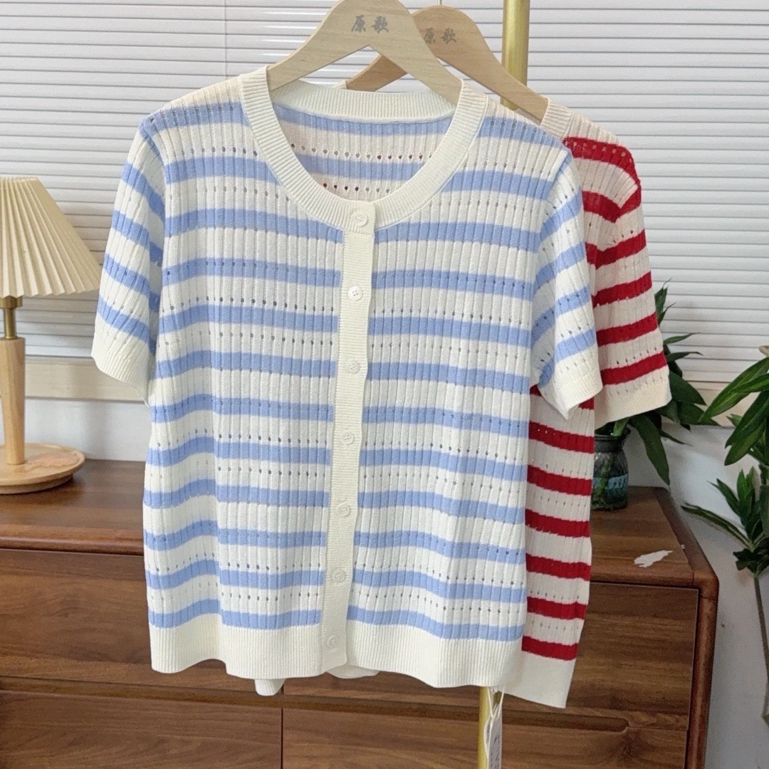 【原歌2】夏季新款舒适圆领条纹镂空针织开衫女YG754