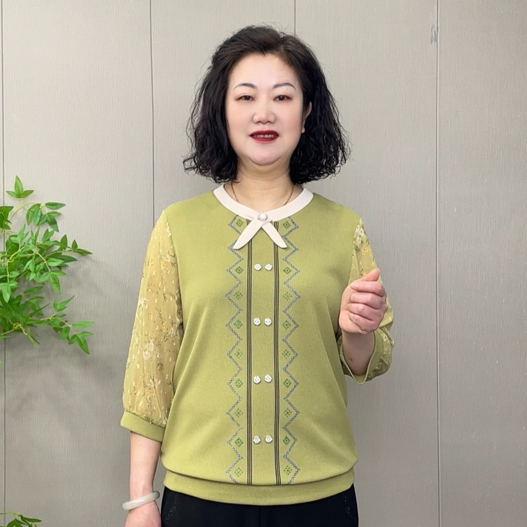 2025春季【七分袖】时尚百搭宽松气质春长袖飘带领打底衫T恤妈妈装