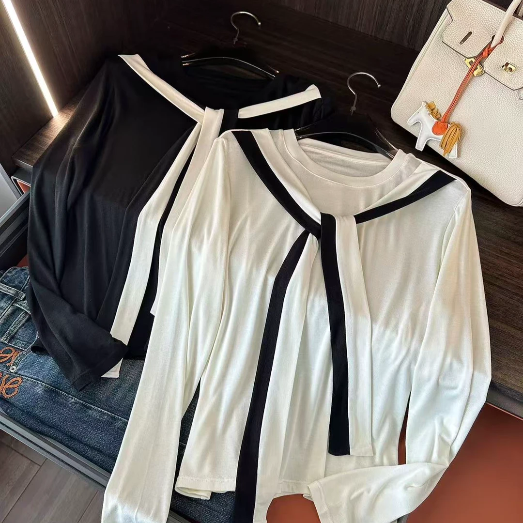 宽松简约羊毛衫女士圆领针织春夏醋酸羊毛假两件披肩打底衫8553