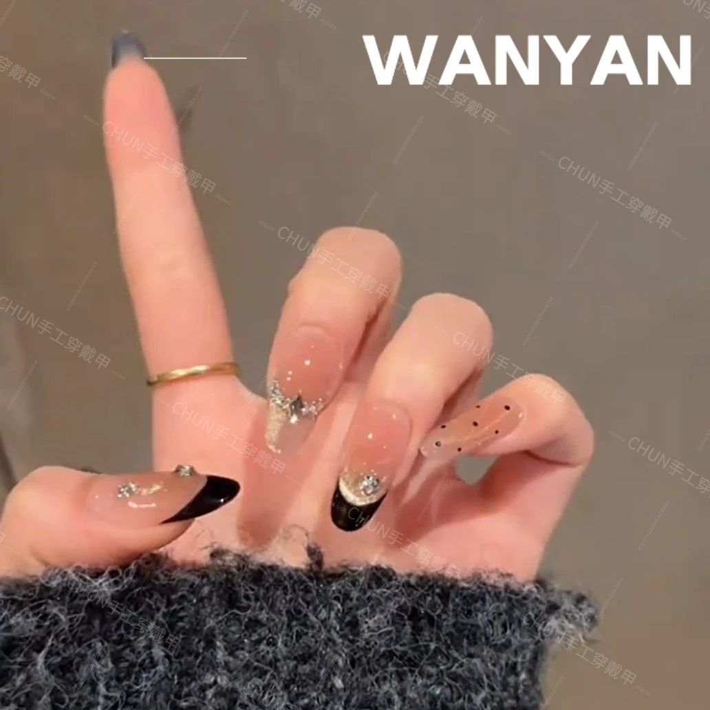 “黑曜影后”CHUN·高级感猫眼法式中长款纯手工穿戴甲显白美甲贴片