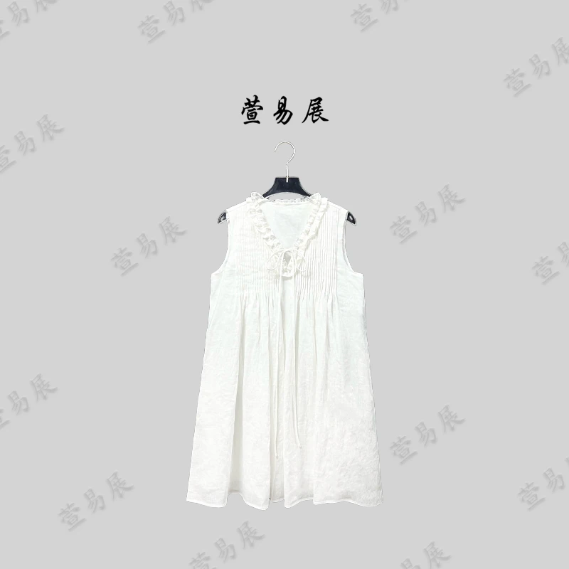 萱易展-“素绾清风”100亚麻手工捏褶荷叶边风琴褶连衣裙-LQ1223