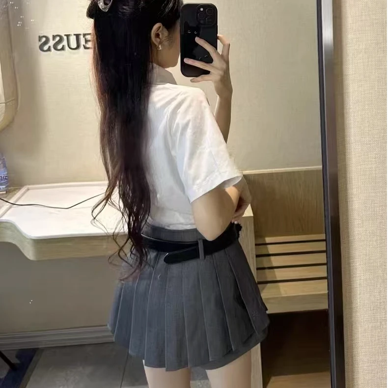 春夏新款百褶高腰皮带百搭裙裤时尚复古半身裙