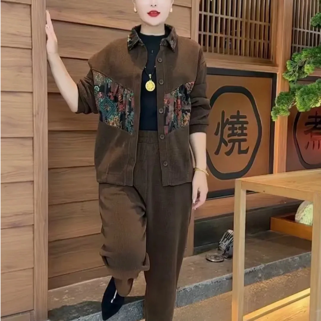 气质妈妈复古国风潮流时尚套装2025秋季新款翻领外套休闲裤套装