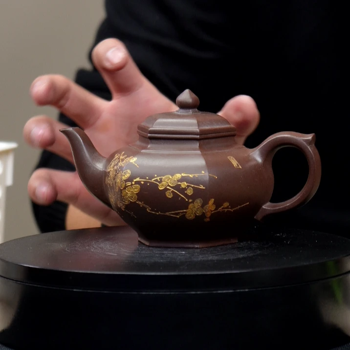 【一品紫砂甄选】刻绘底槽清六方笑樱手工紫砂壶
