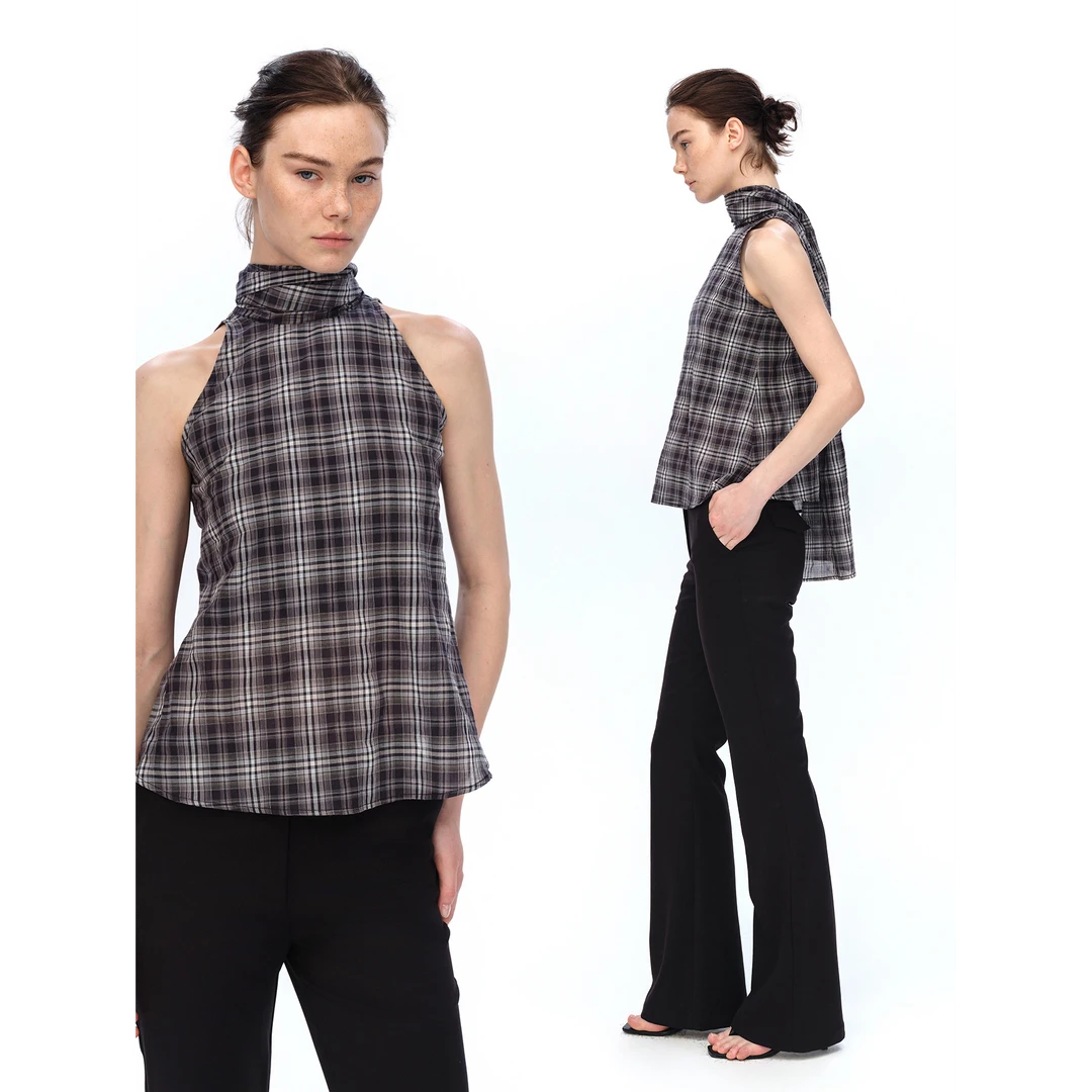 empty page黑灰格子飘带背心