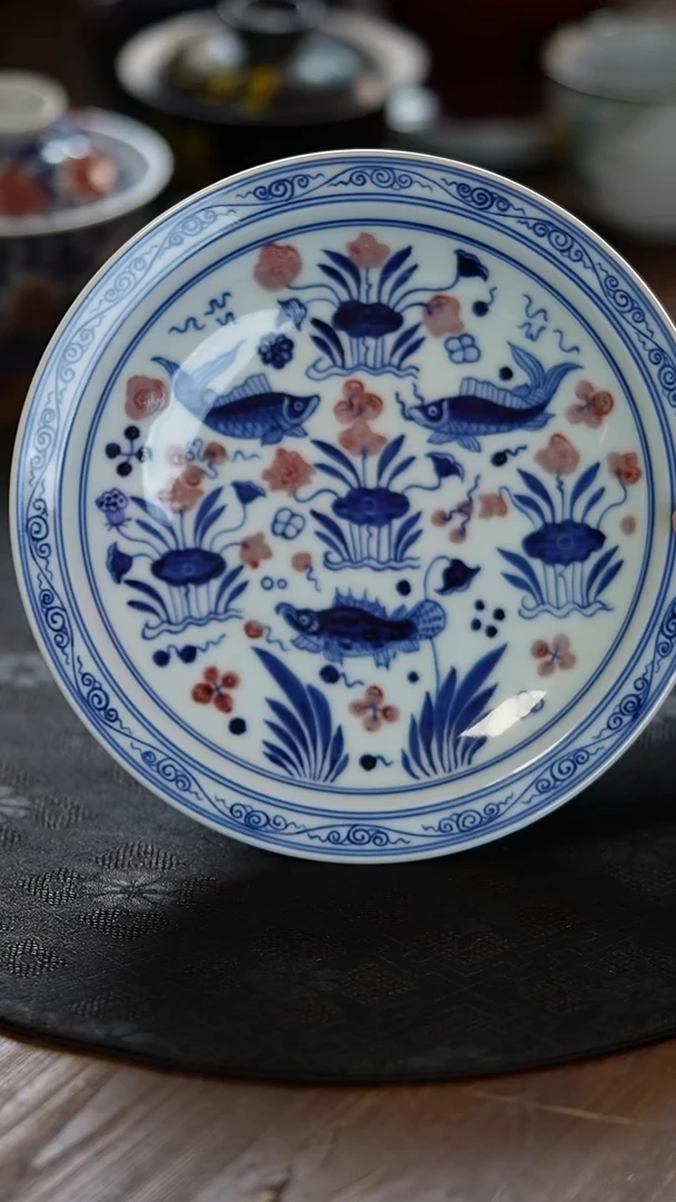 瓷景德镇纯手工纯手绘青花釉里红鱼藻壶承