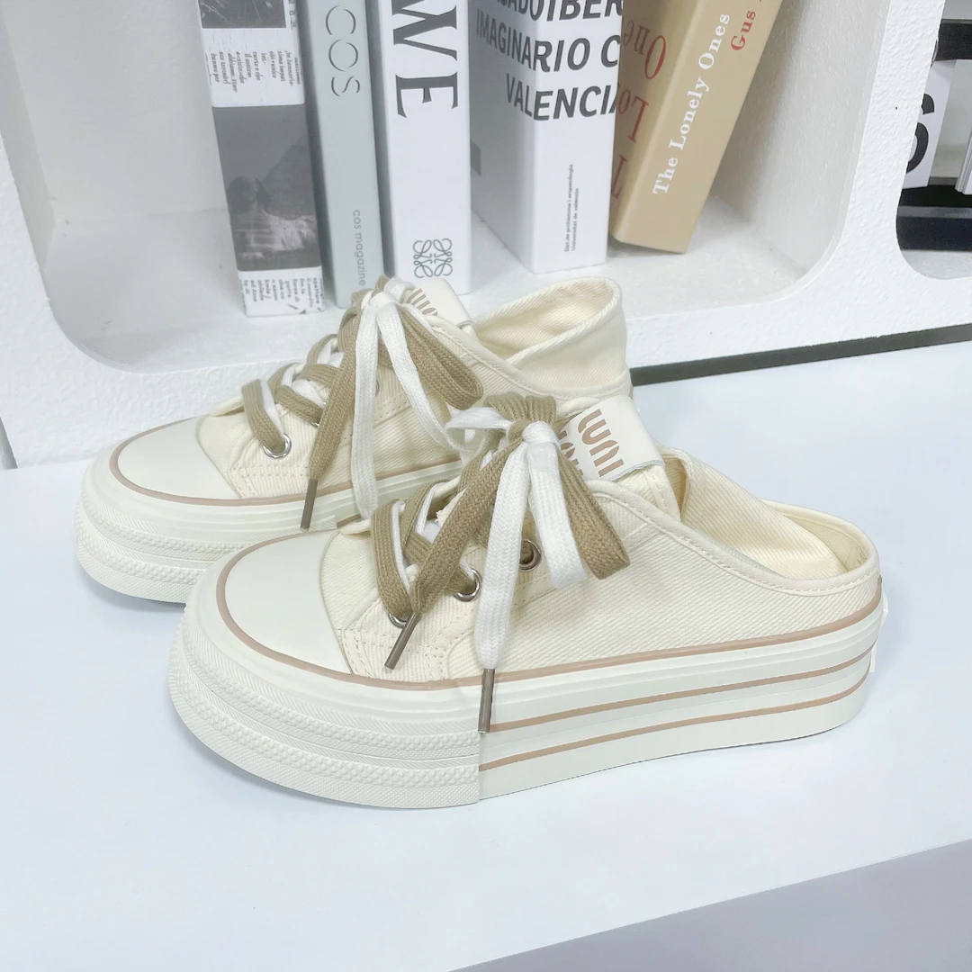 5217米夏季款小众百搭帆布鞋厚底半拖两穿女鞋半托后跟可踩脚板鞋