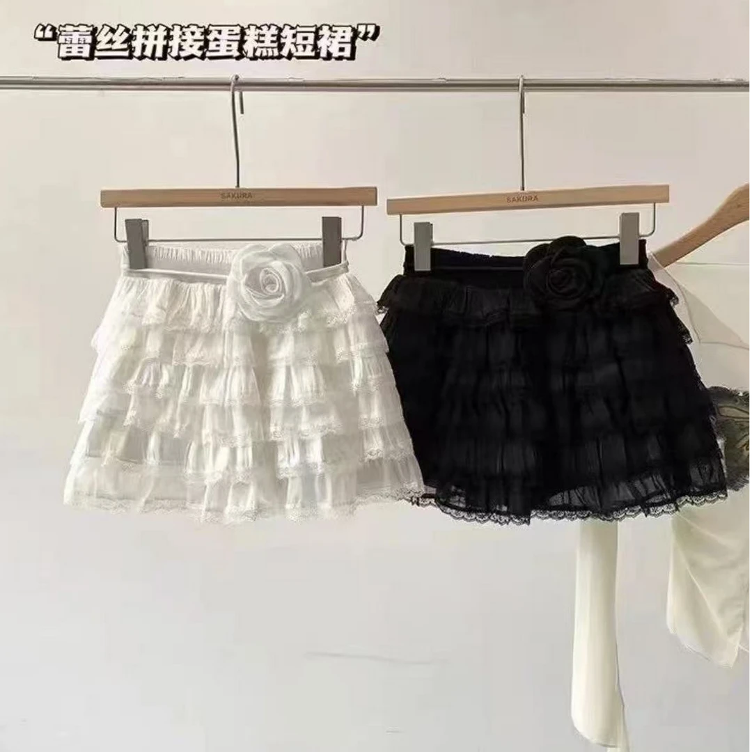 清新减龄蕾丝花边拼接中高腰层叠设计半身蛋糕裙