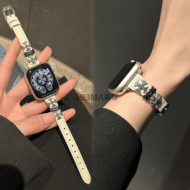 适用苹果手表s10表带y2k十字架真皮质细款iwatchs9876se表带女生