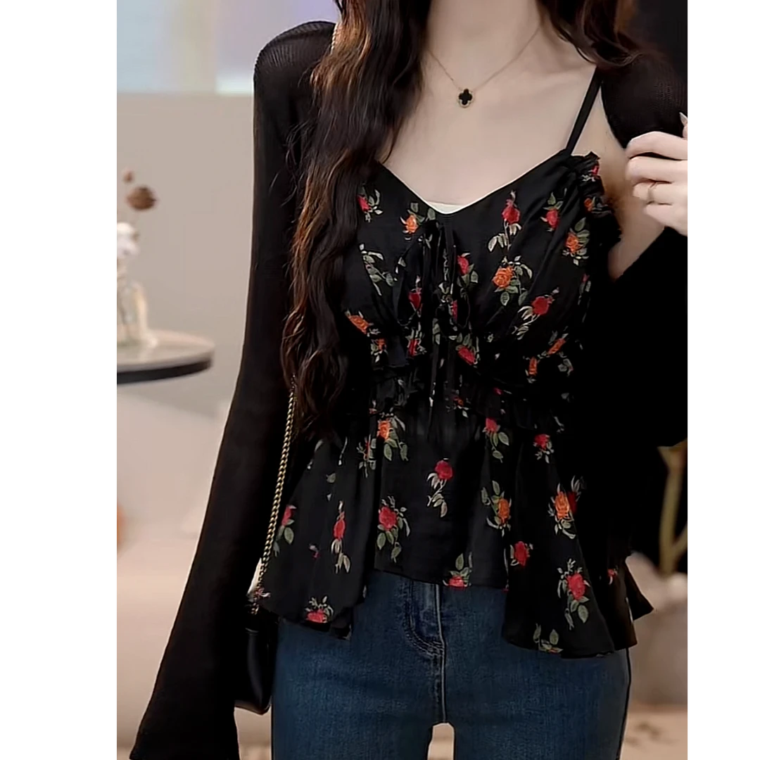 设计感韩系温柔风碎花吊带上衣+黑色开衫两件套2025春夏法式套装