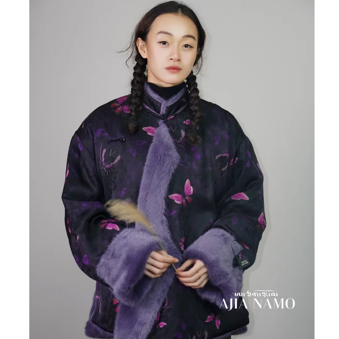 AJ-NAMO原创设计款紫色蝴蝶花水貂毛外套B861