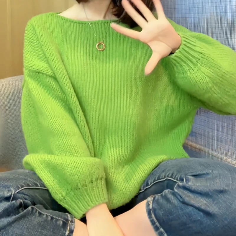 糖果色毛衣女秋季新款宽松显瘦慵懒风灯笼针织衫打底衫长袖上衣女