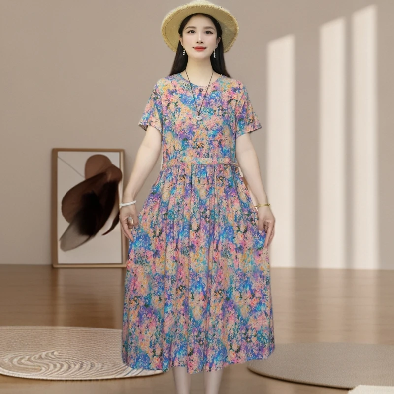 五彩缤纷妈妈装中长款棉绸裙子夏季新款时尚短袖系带大码连衣裙