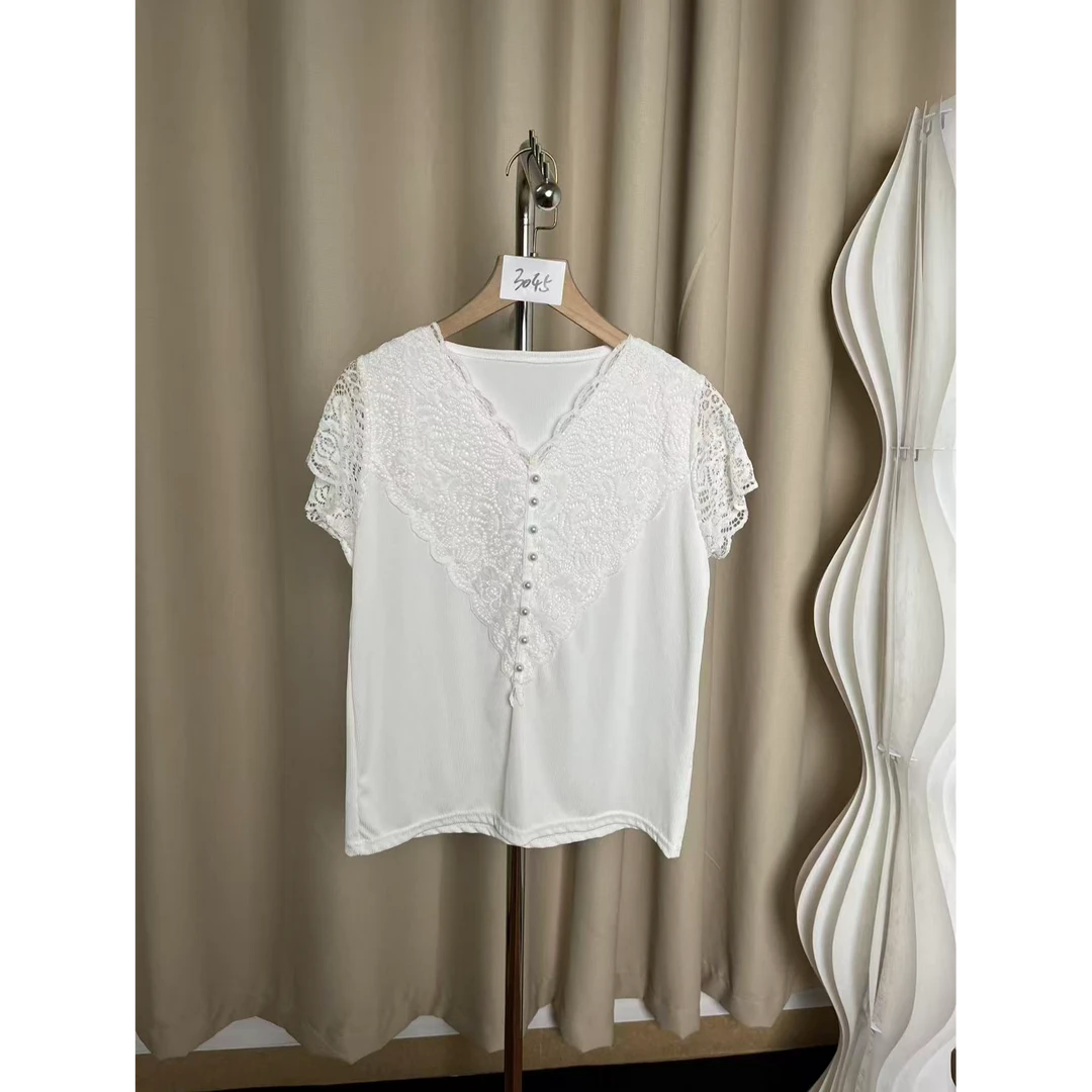 3045短袖V领白色夏季直筒型钉珠修身型潮流T恤气质蕾丝上衣