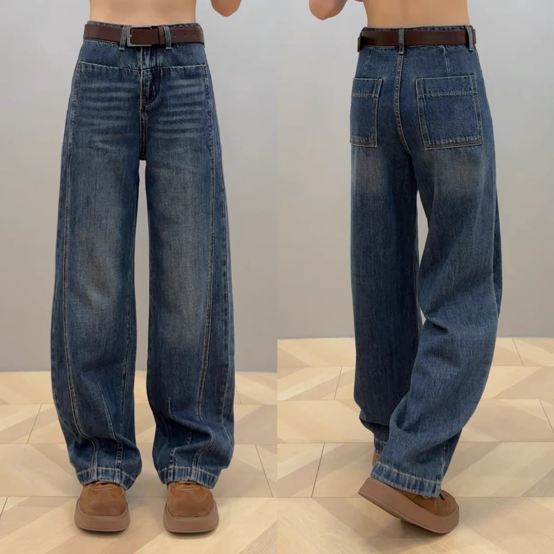 2025直筒欧货高个子弯刀牛仔裤弧形设计胖mm高腰显瘦百搭阔腿裤
