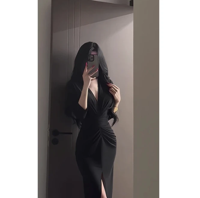 御姐黑色收腰显瘦v领连衣裙轻奢气质绝美中长款开叉包臀裙3395#
