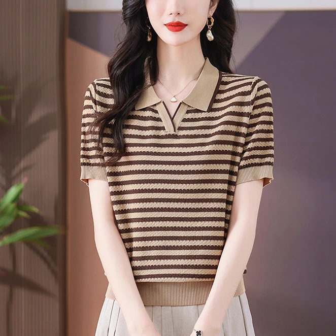 条纹翻领女夏季薄款短袖针织T恤衫宽松时尚上衣针织衫女装洋气