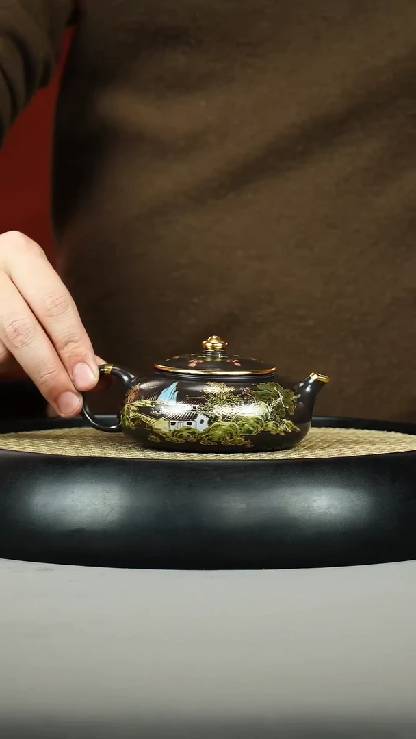 茶壶紫砂石黄 寒江 珐琅彩 山水树