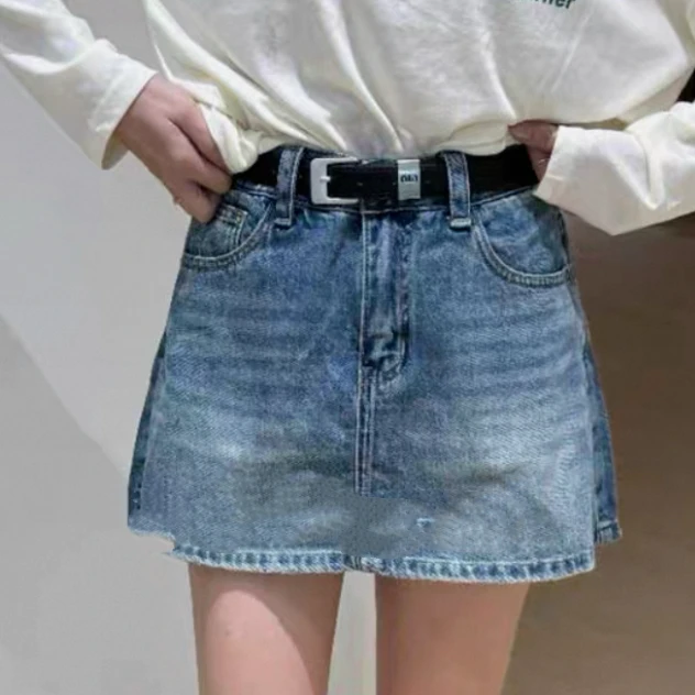 【小松鼠】 美式百搭小个子辣妹复古牛仔高腰裤裙  H0183