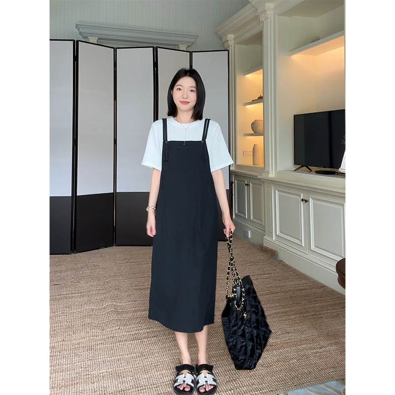 郭九九呢 棉质假两件拼接撞色宽松显瘦短袖吊带连衣裙 G925Q08761