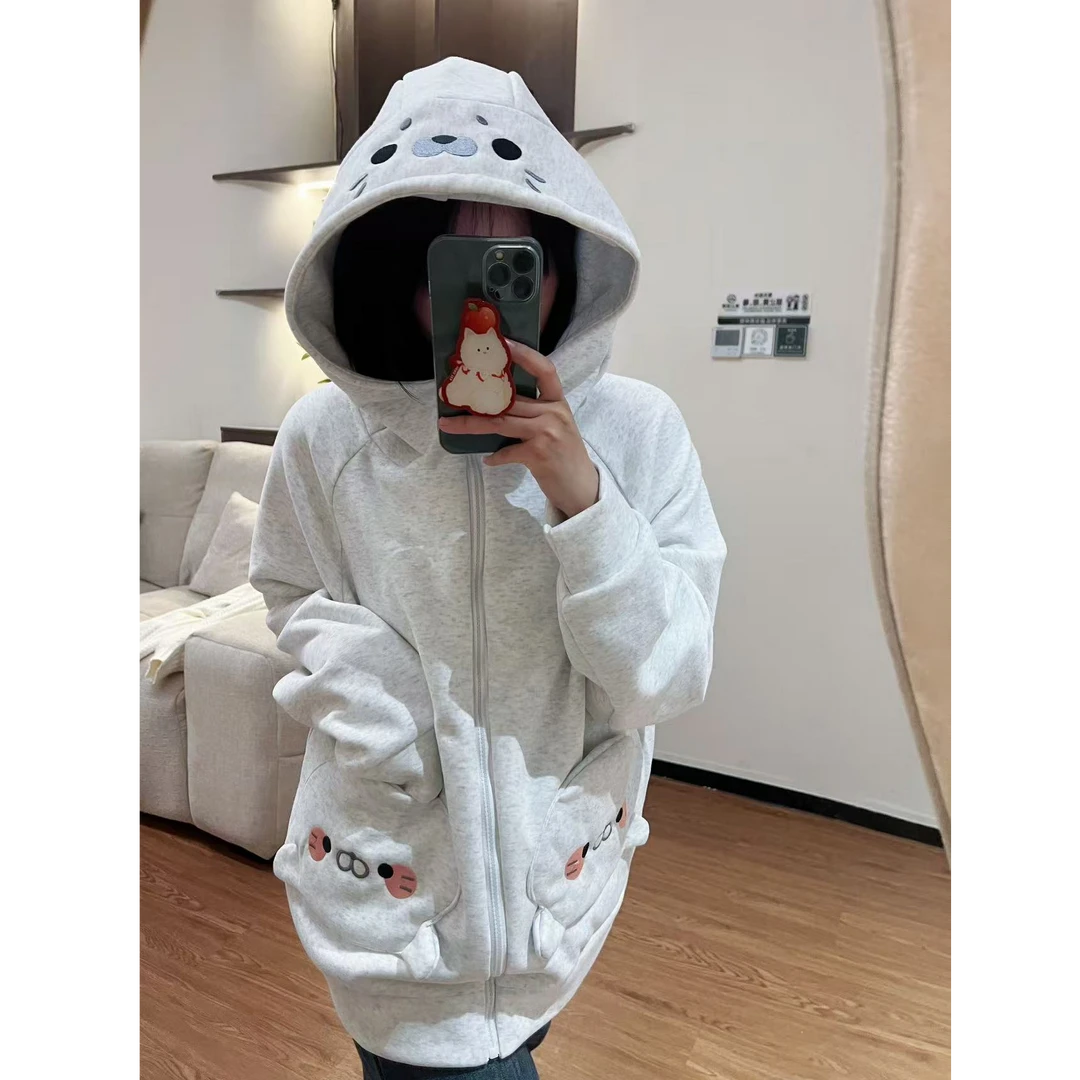 小海豹*秋冬季可爱刺绣慵懒百搭连帽卫衣外套