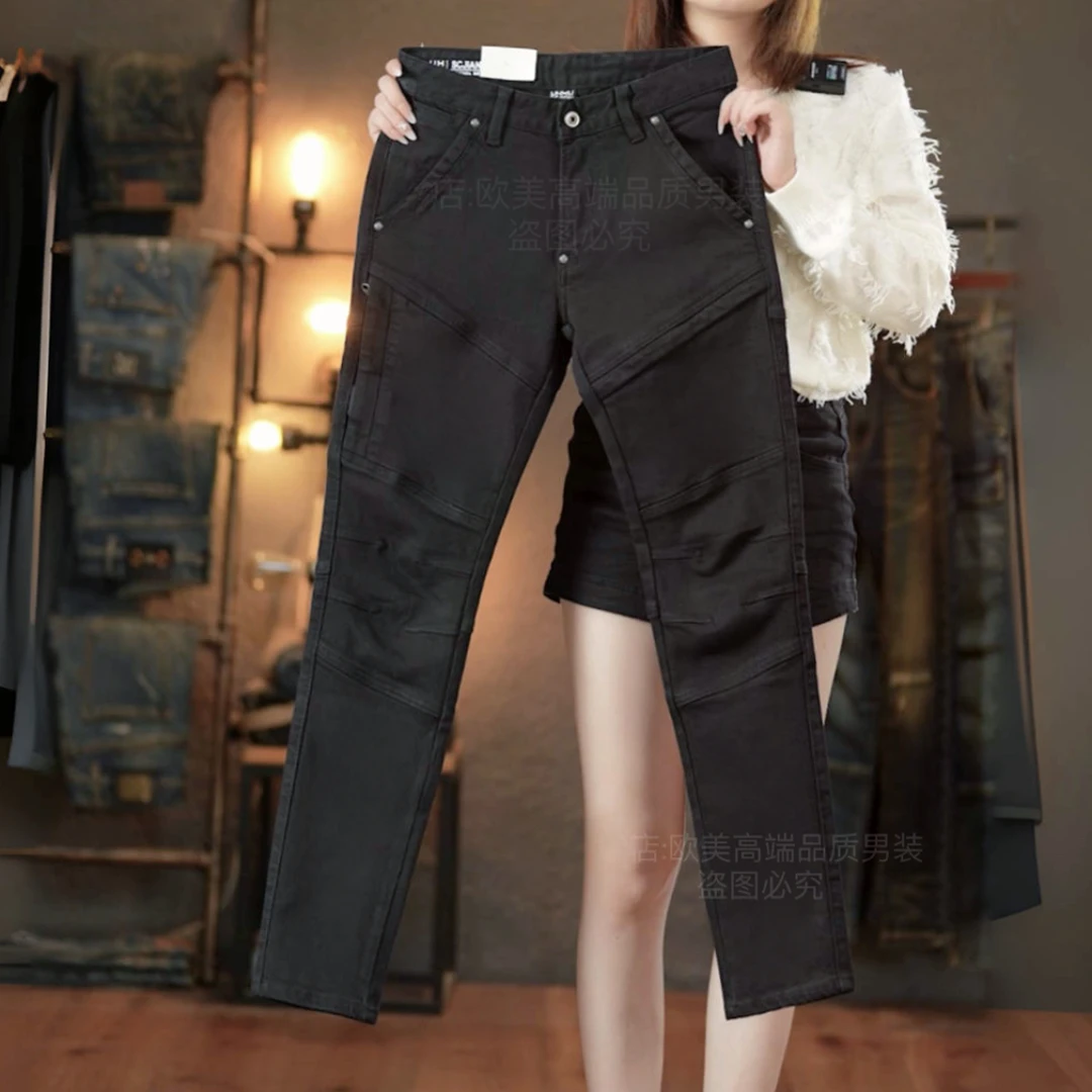 原创高端男士机车风牛仔裤长裤黑色简约百搭拼接修身弹力潮欧美