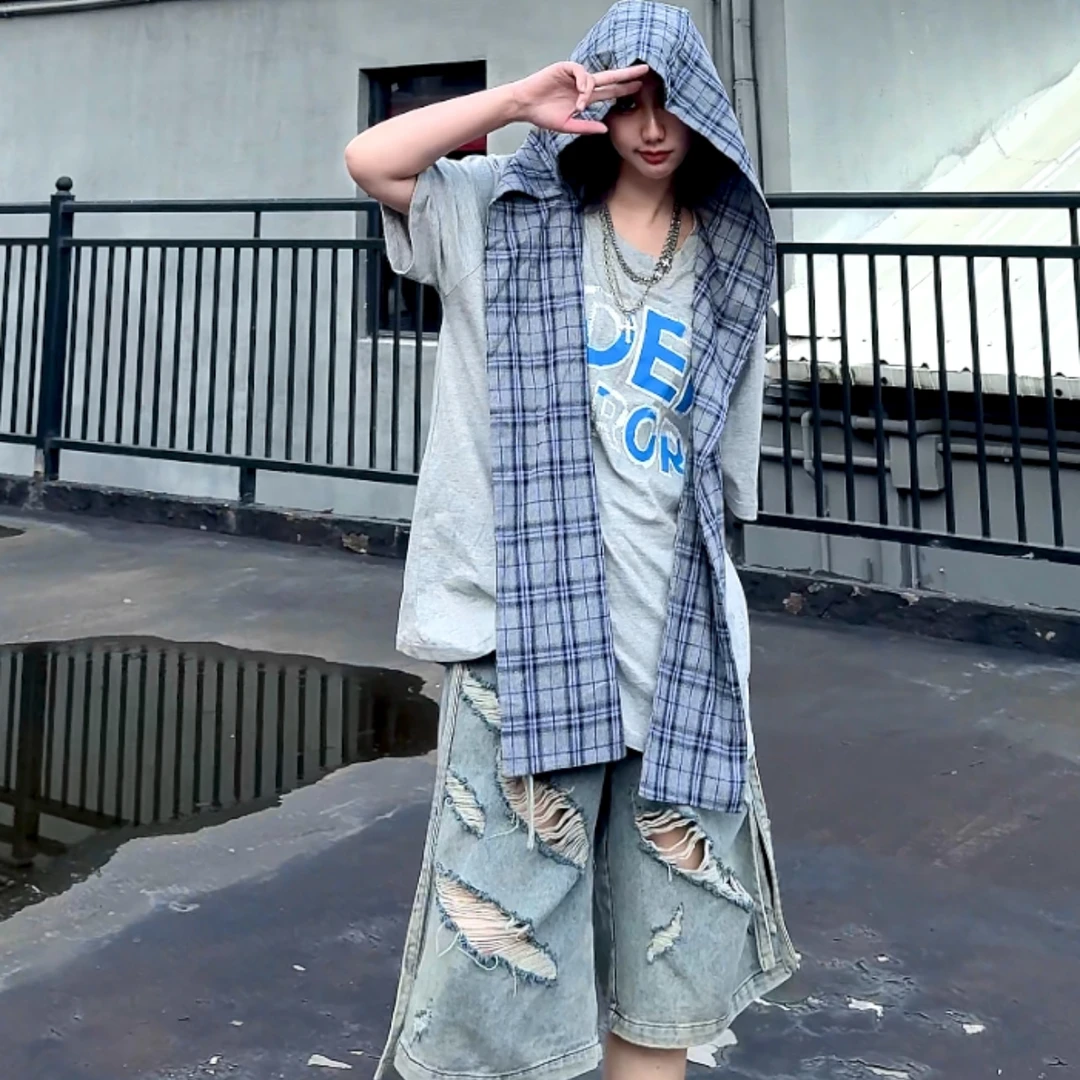 休闲层次感解构拼接重工撞色格子夏季氛围感oversize宽松T恤百搭