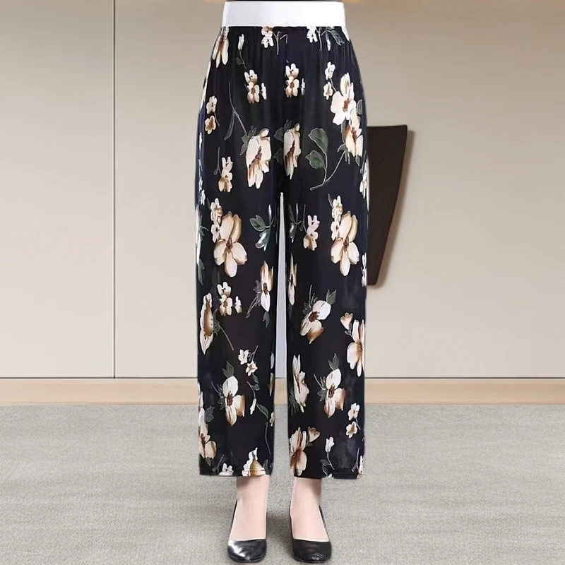 九分妈妈装阔腿裤女中老年高腰垂感宽松直筒休闲裤夏季薄款显瘦