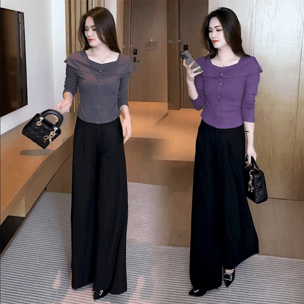 2024春秋气质长袖秋显瘦T恤小众设计感一字肩袖洋气时尚减龄上衣