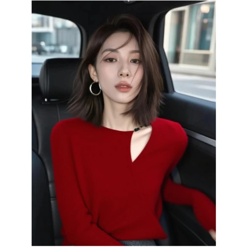2025秋季高级感慵懒风独特别致T恤设计感小众不撞款红色针织衫女