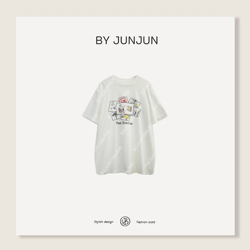 ByJunjun2025秋冬高级新款女装连环画短袖T恤休闲打底衫